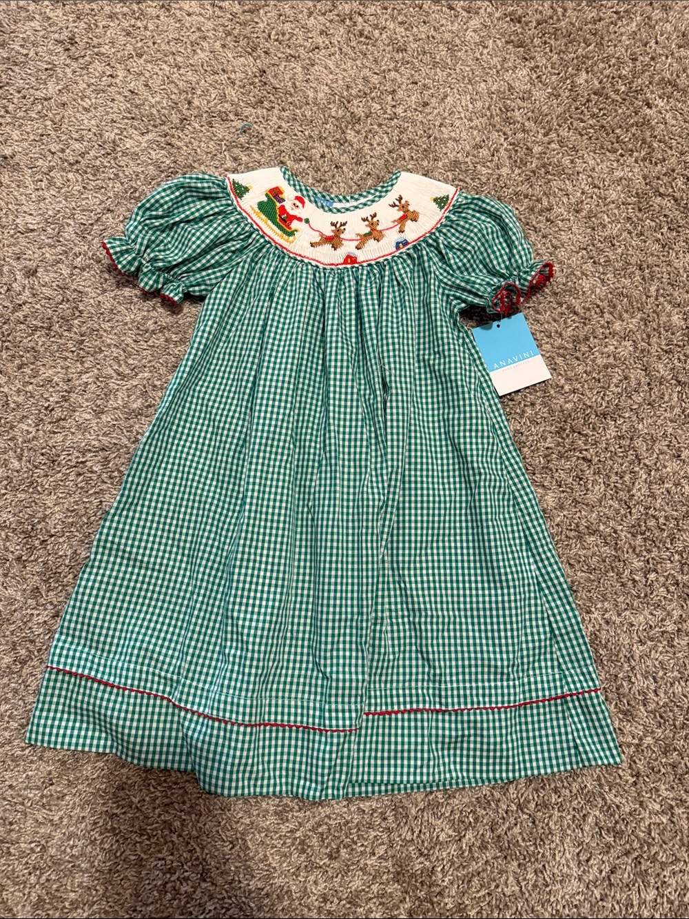Green Gingham Smocked Holiday Dress for Kids - Festive Embroidered Yoke